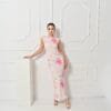 Floral bodycon maxi φόρεμα γυναικείο ροζ κίτρινο - καλοκαιρινό ρομαντικό look