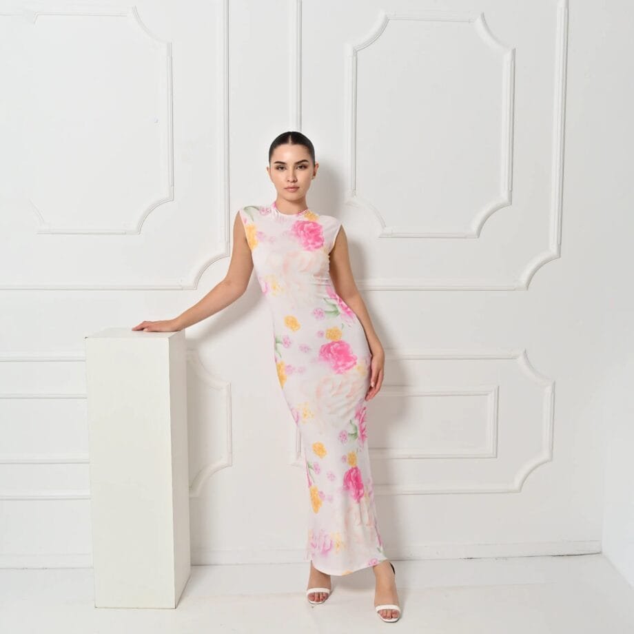 Floral bodycon maxi φόρεμα γυναικείο ροζ κίτρινο - καλοκαιρινό ρομαντικό look
