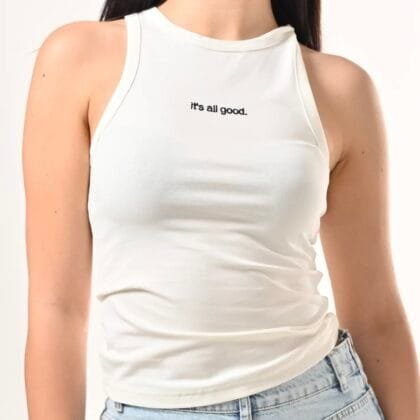 Λευκό Rib Halter Top «It’s All Good» – Minimal Embroidered Tee