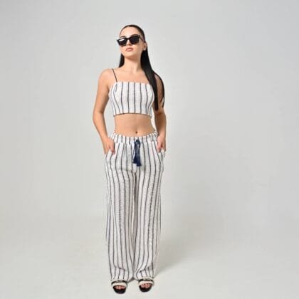 Ριγέ Ριπ Σετ με Crop Top & Παντελόνι – Navy Stripes Loungewear