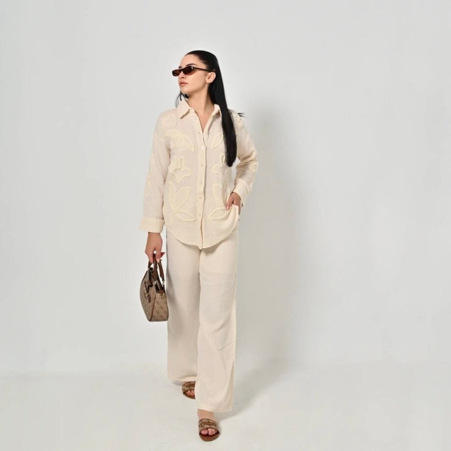 Κεντητό Σετ πουκάμισο & Παντελόνι – Cream Embroidery Elegance