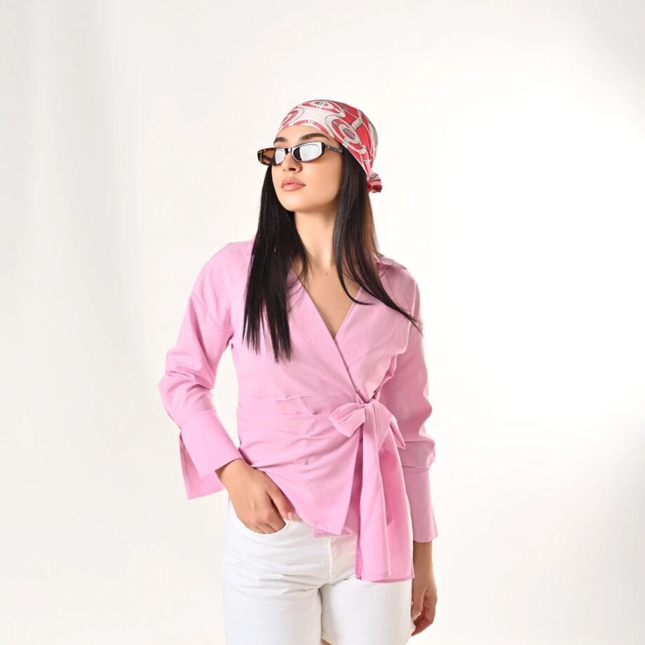 Ροζ Wrap πουκάμισο με Φιόγκο – Chic Tie-Waist Blouse