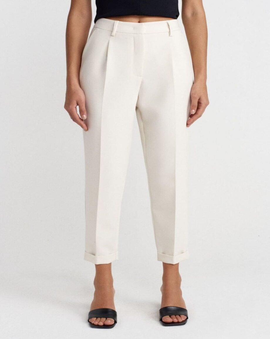 Elegant Tailored Παντελόνι με Λεπτομέρειες Ρεβέρ – Λευκό
