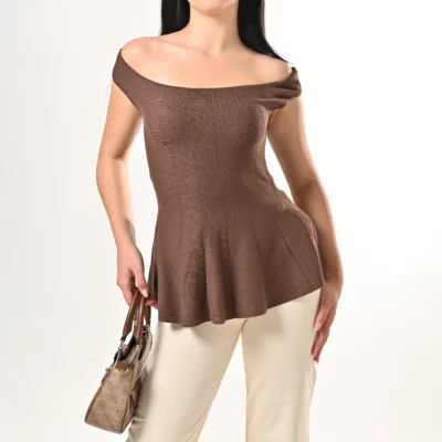 Off shoulder τοπ γυναικείο καφέ - εφαρμοστό chic look